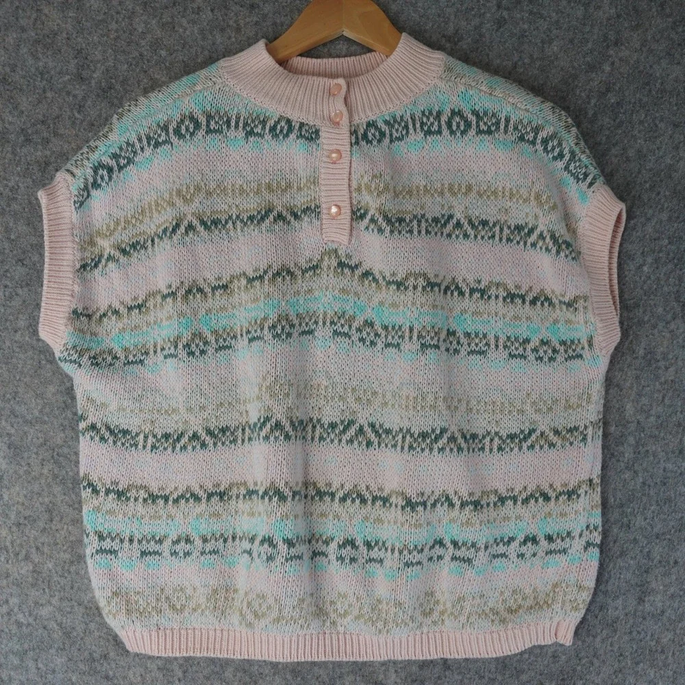 Vintage 90s Benetton Sweater Vest Womens L Pink Fair Isle Henley Knit Italy Prep